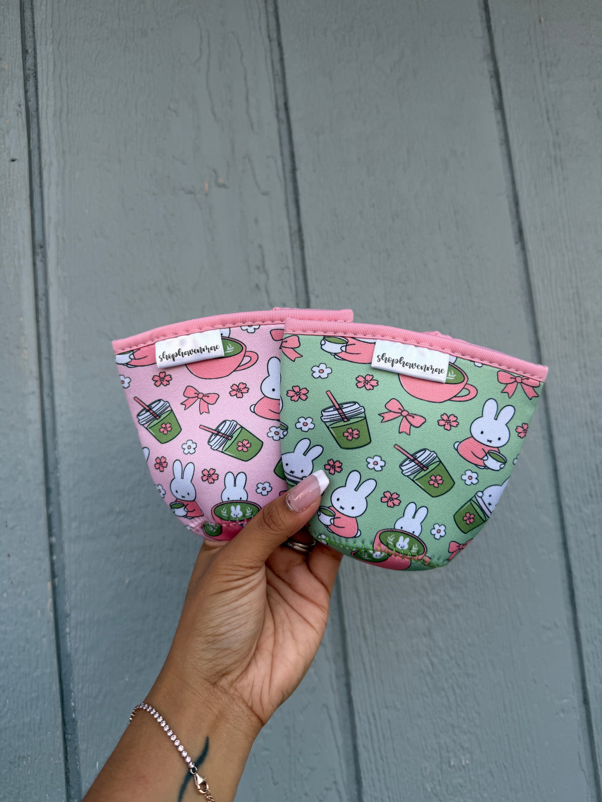 *PREORDER Bunny x Matcha Made With Neoprene Material Coffee Cozies Coffee Cozy Cup Sleeve( Pink or Green)