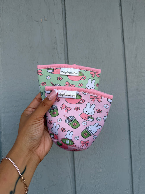 *Bunny x Matcha (Ready To Ship) Pink or Green Made With Neoprene Material Coffee Cozies Coffee Cozy Cup Sleeve