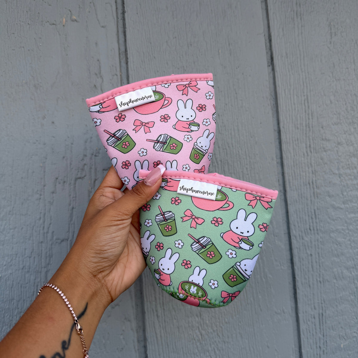 *PREORDER Bunny x Matcha Made With Neoprene Material Coffee Cozies Coffee Cozy Cup Sleeve( Pink or Green)