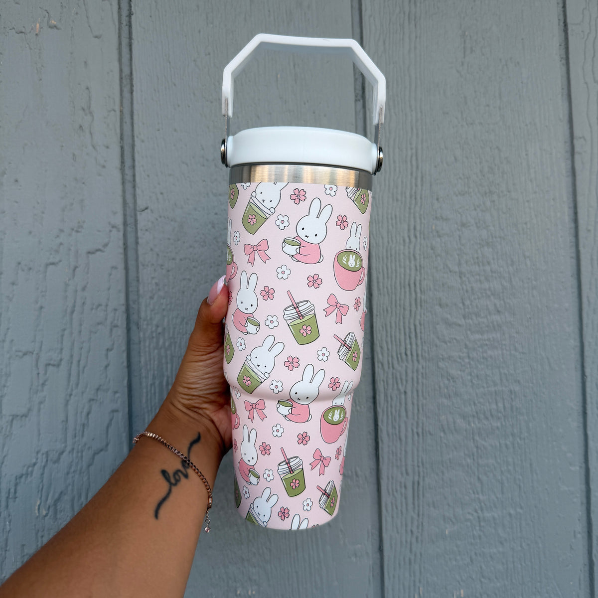*PREORDER Bunny x Matcha Insulated Flask 30 oz Tumbler with Carry Holder & Inside Straw (Pink)