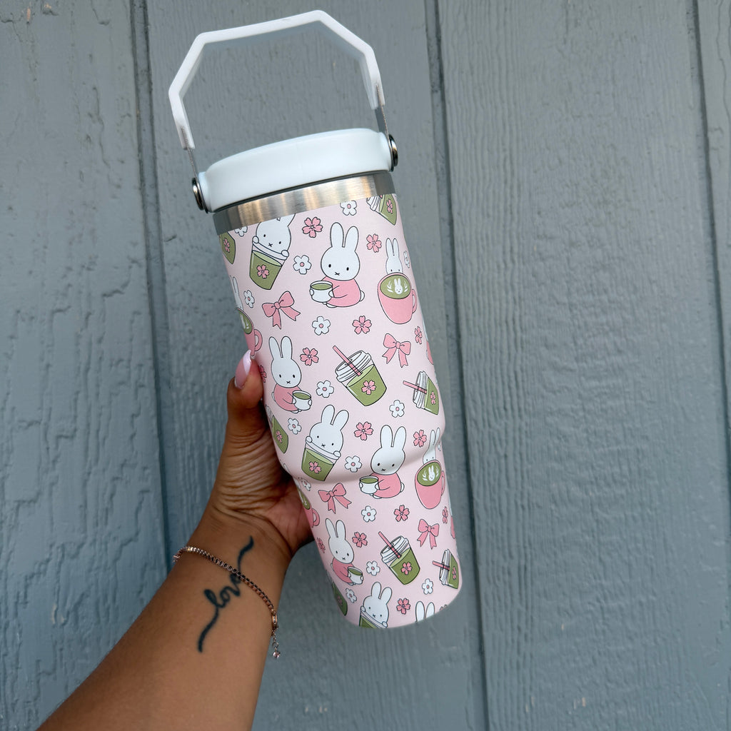 *PREORDER Bunny x Matcha Insulated Flask 30 oz Tumbler with Carry Holder & Inside Straw (Pink)