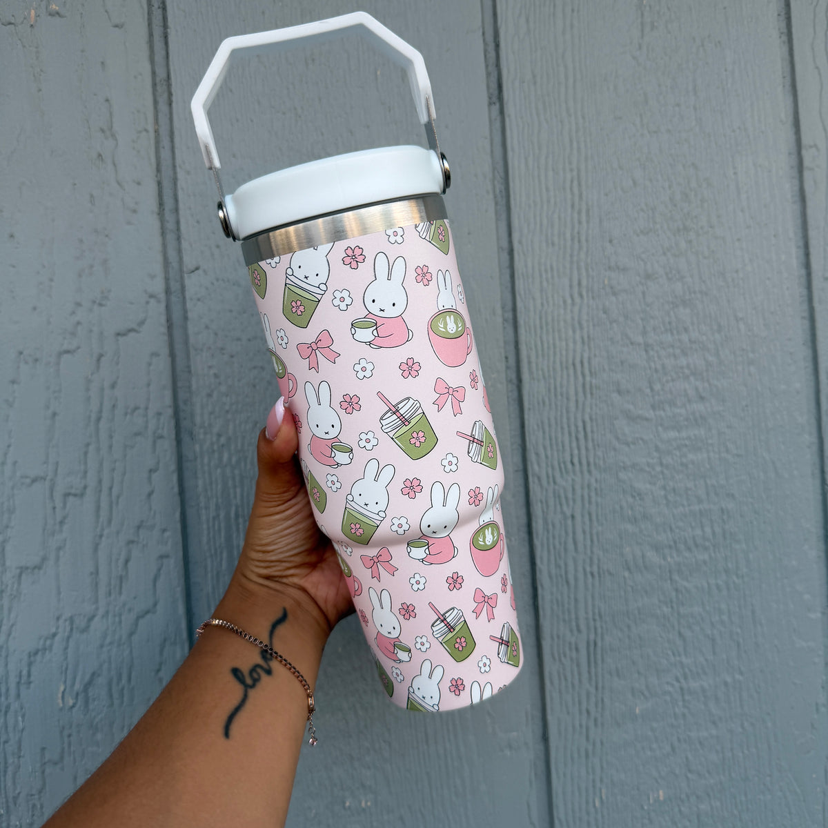 *PREORDER Bunny x Matcha Insulated Flask 30 oz Tumbler with Carry Holder & Inside Straw (Pink)