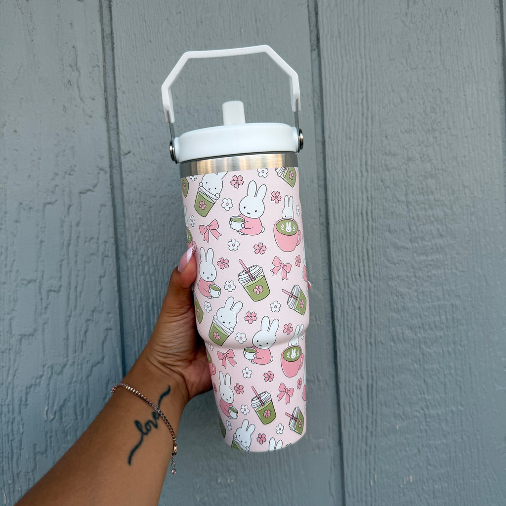 *PREORDER Bunny x Matcha Insulated Flask 30 oz Tumbler with Carry Holder & Inside Straw (Pink)