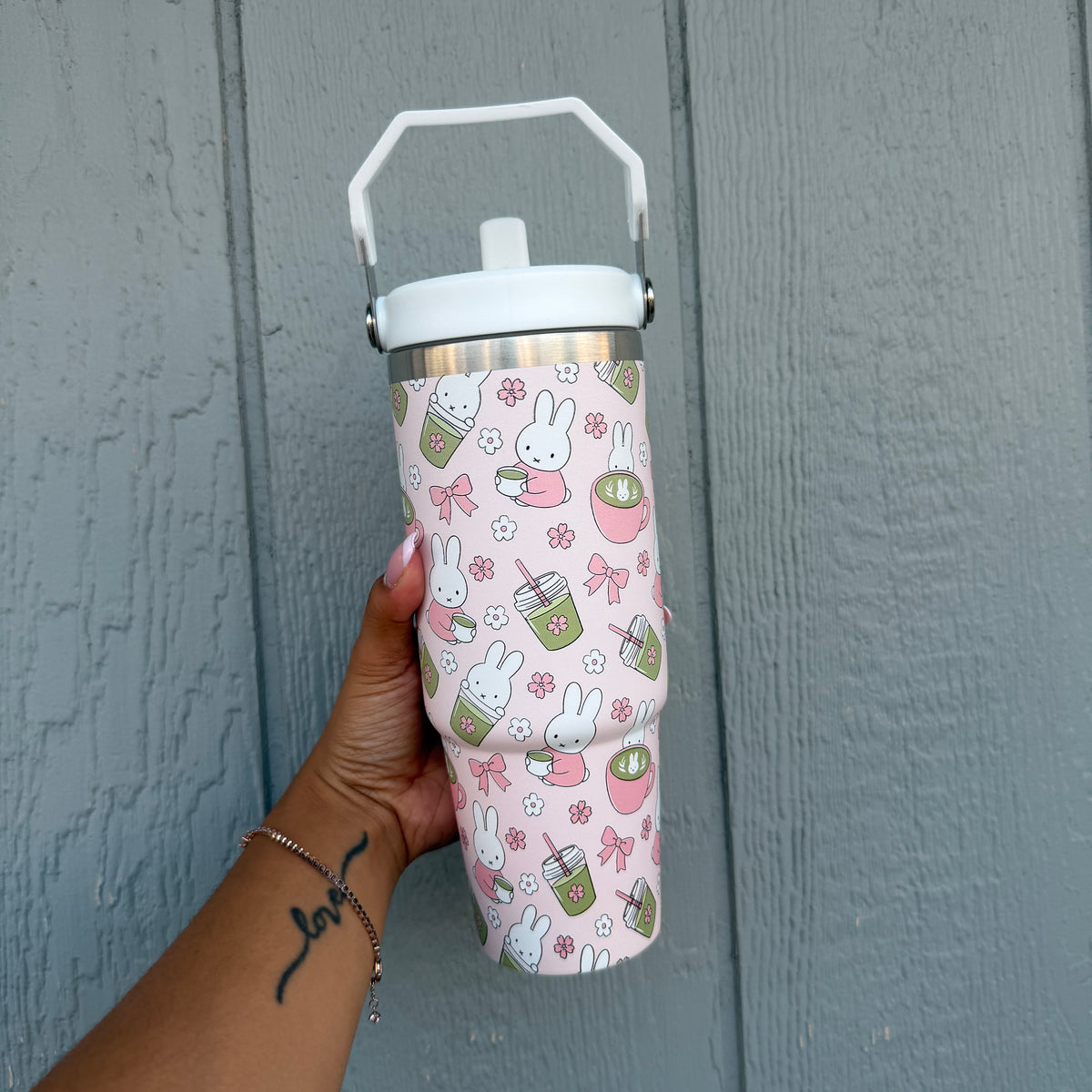 *PREORDER Bunny x Matcha Insulated Flask 30 oz Tumbler with Carry Holder & Inside Straw (Pink)
