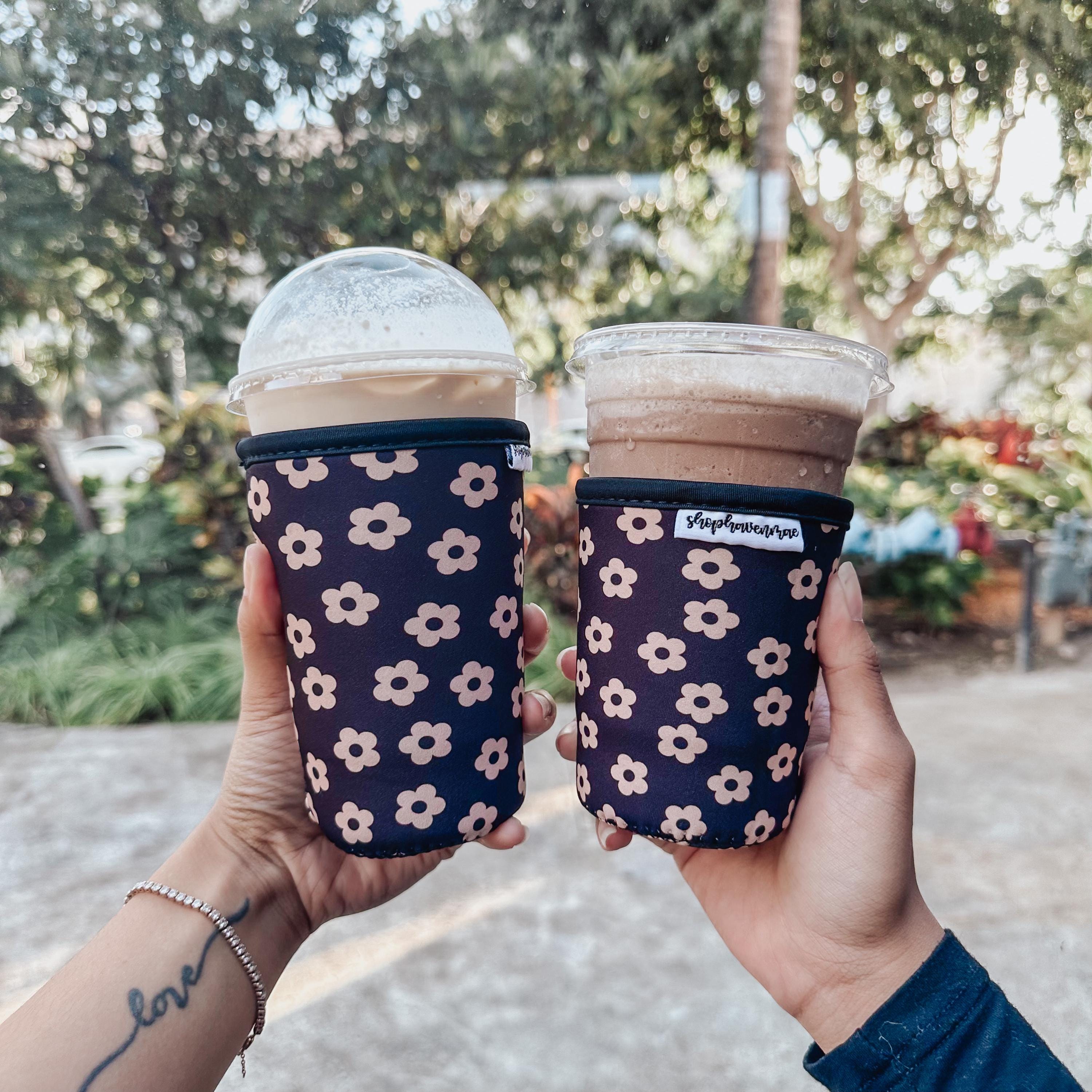 Black and Cream Daisy Flower Iced Cold Cup Sleeve Made With Neoprene Material Coffee Cozies Coffee Cozy Two Sizes
