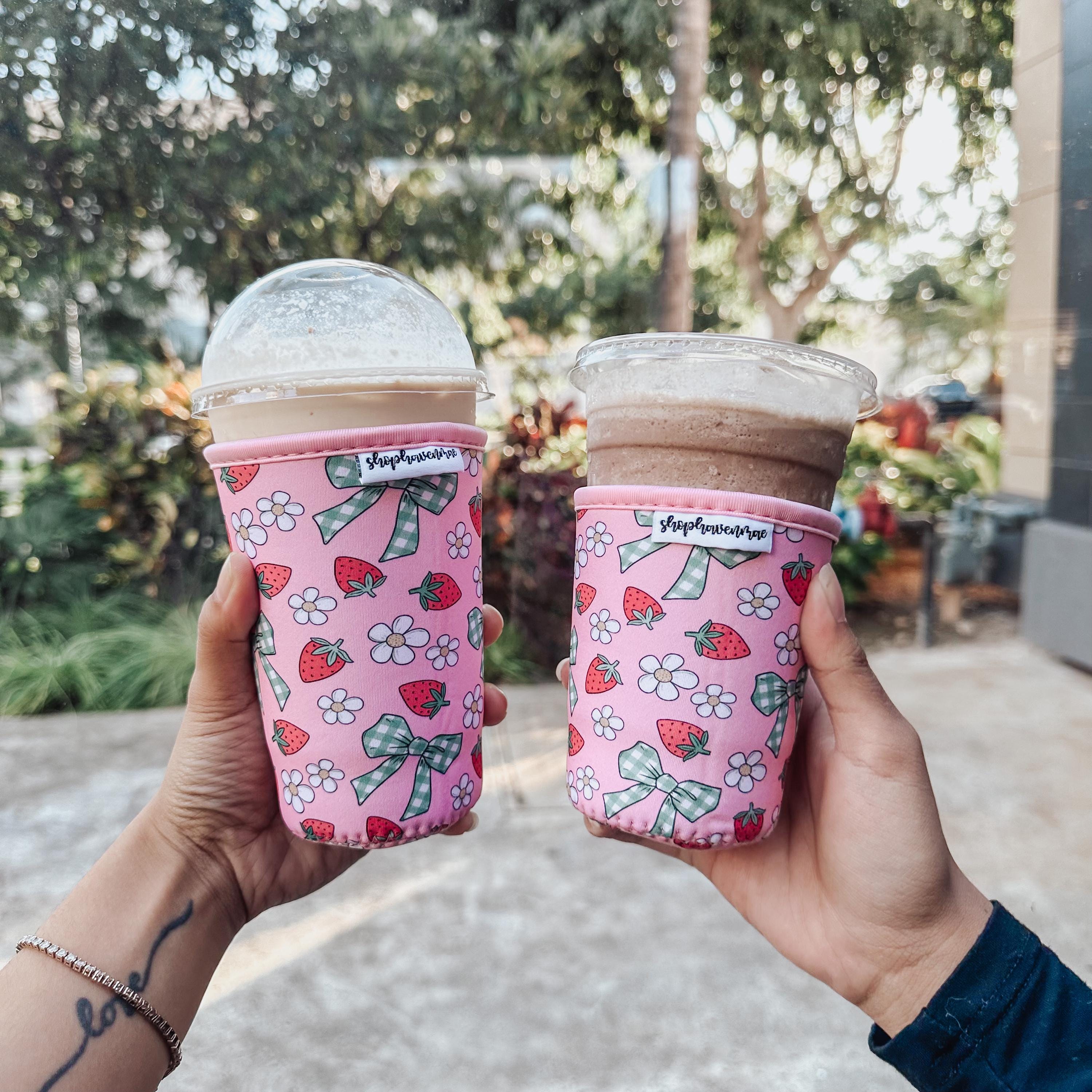 Gingham Retro Strawberry, Bows, and Daisy Cold Cup Sleeve Made With Neoprene Material Coffee Cozies Coffee Cozy Two Sizes