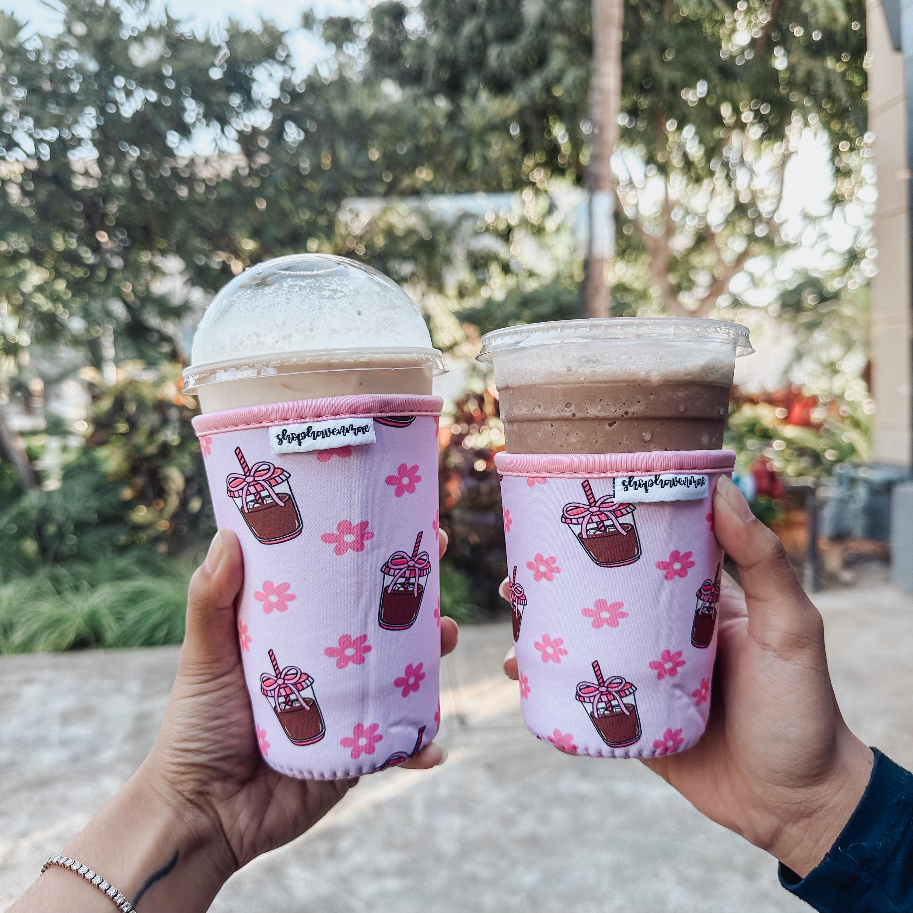Retro Flower and Iced Coffee Iced Cold Cup Sleeve Made With Neoprene Material Coffee Cozies Coffee Cozy Two Sizes