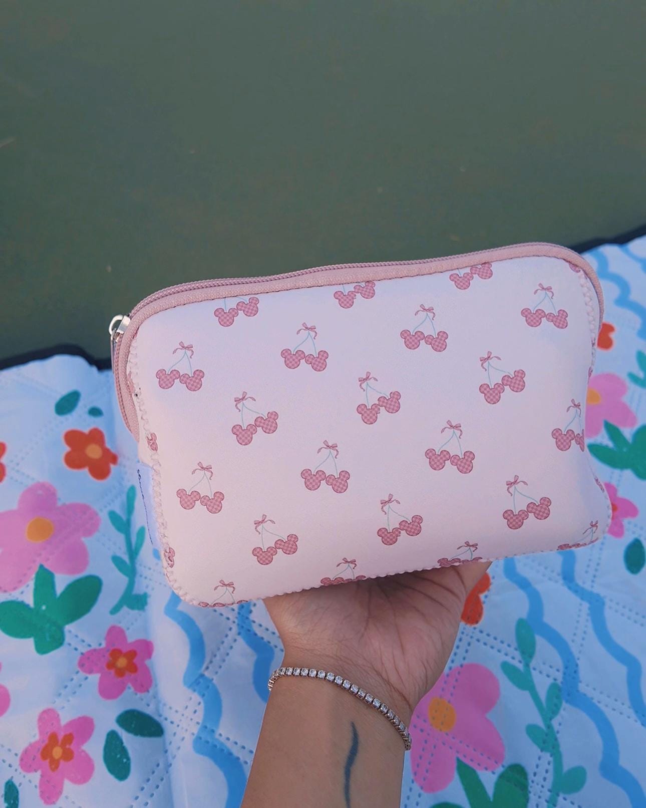 Magical Cherry Bows Pink Makeup Pouch Neoprene Material | Shop Haven Mae Exclusive Item
