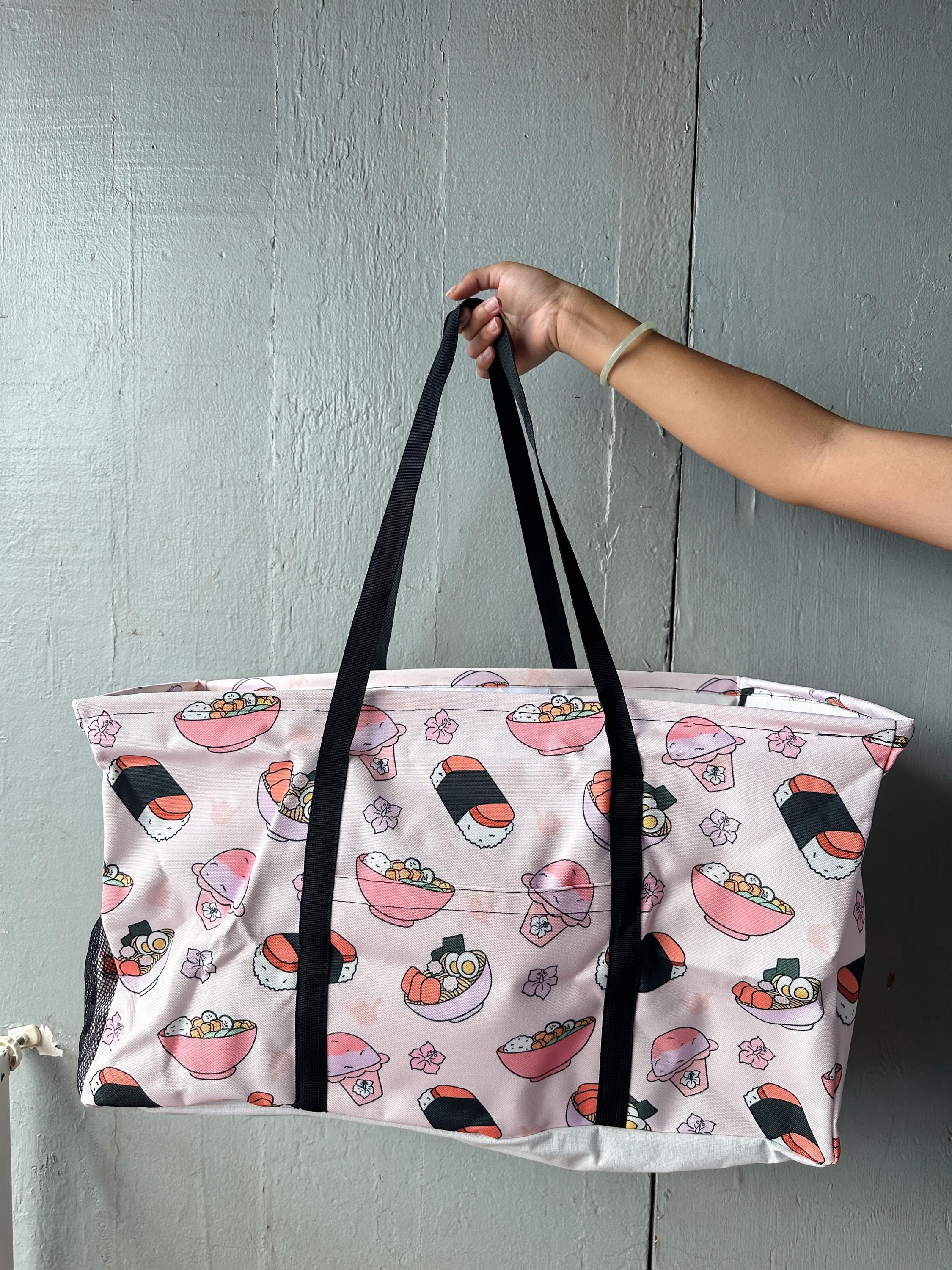 Foodie Pink 2.0 Local Spam Musubi , Saimin, Poke Bowl, Shaka LARGE Carry All Totes | Shop Haven Mae Exclusive Item