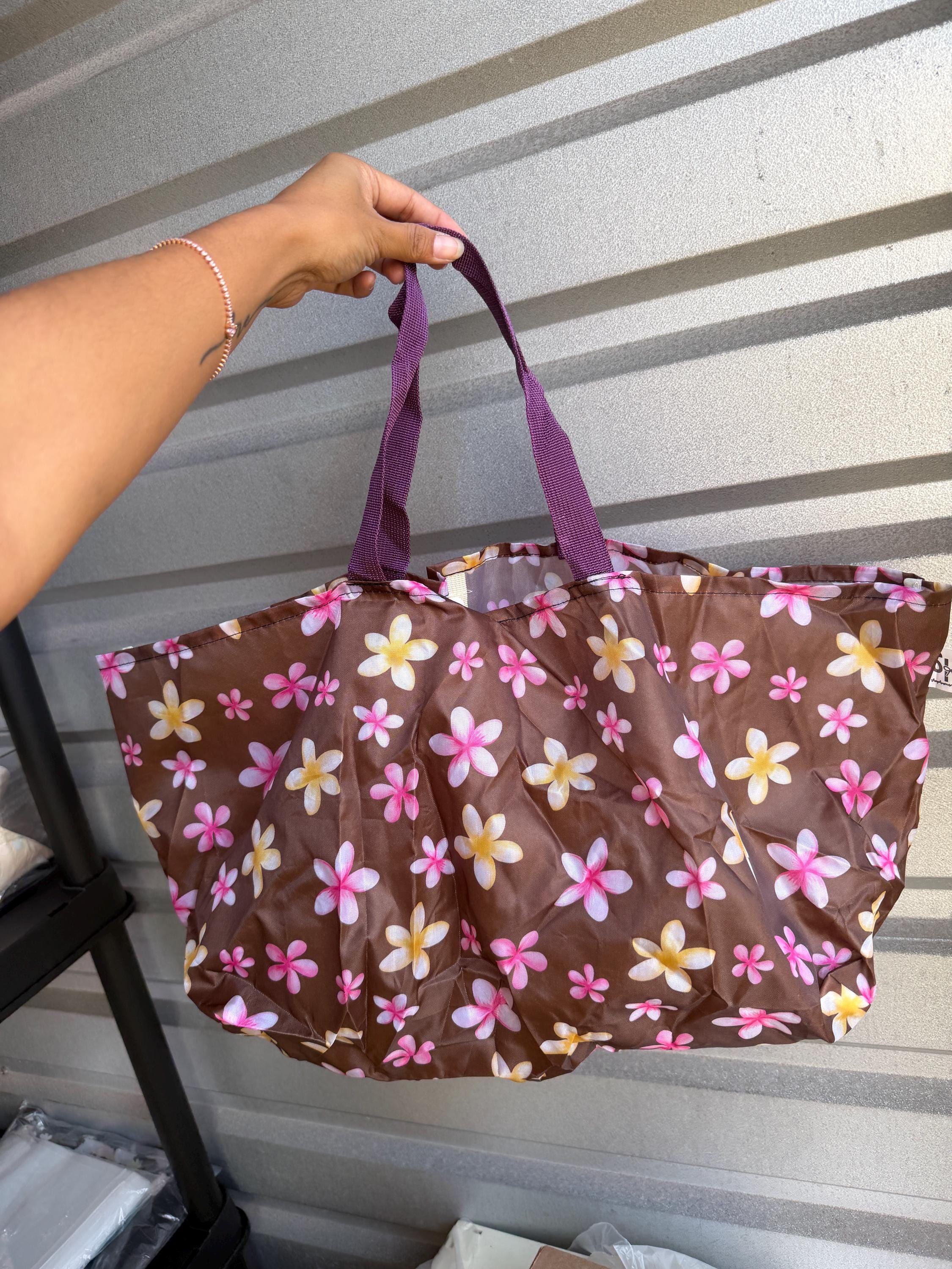 Brown with Yellow & Pink Plumeria Hawaii Florals Market Tote Bag Reusable Grocery Folding Bags