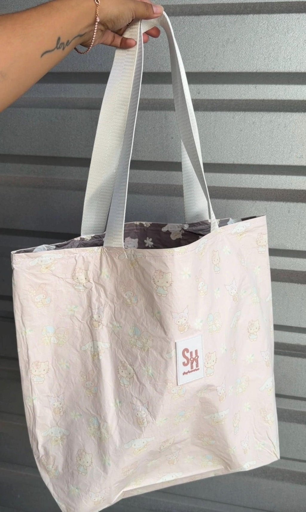 Cream/Pink with Reversible Dark Gray Kawaii Friends x Hawaii Tote Bag Tyvek Waterproof Splash Bag by Shop Haven Mae