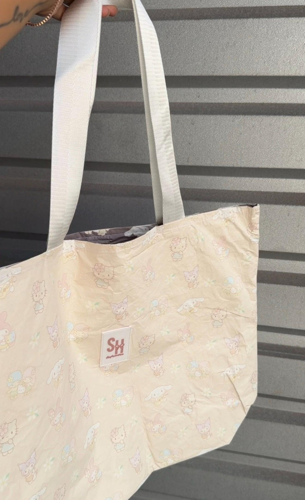 Cream/Pink with Reversible Dark Gray Kawaii Friends x Hawaii Tote Bag Tyvek Waterproof Splash Bag by Shop Haven Mae