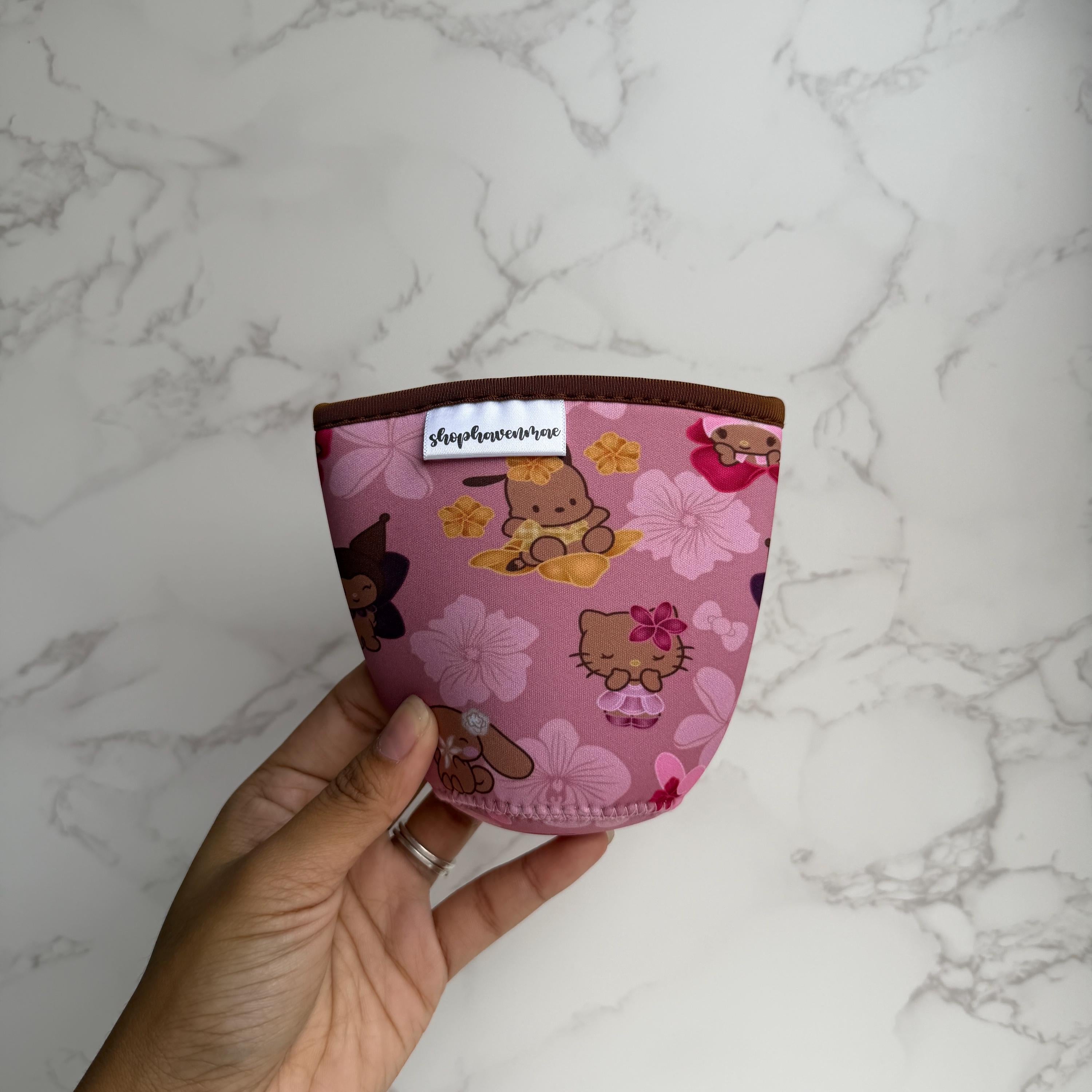 Pink Kawaii Friends Floral Made With Neoprene Material Coffee Cozies Coffee Cozy Cup Sleeve