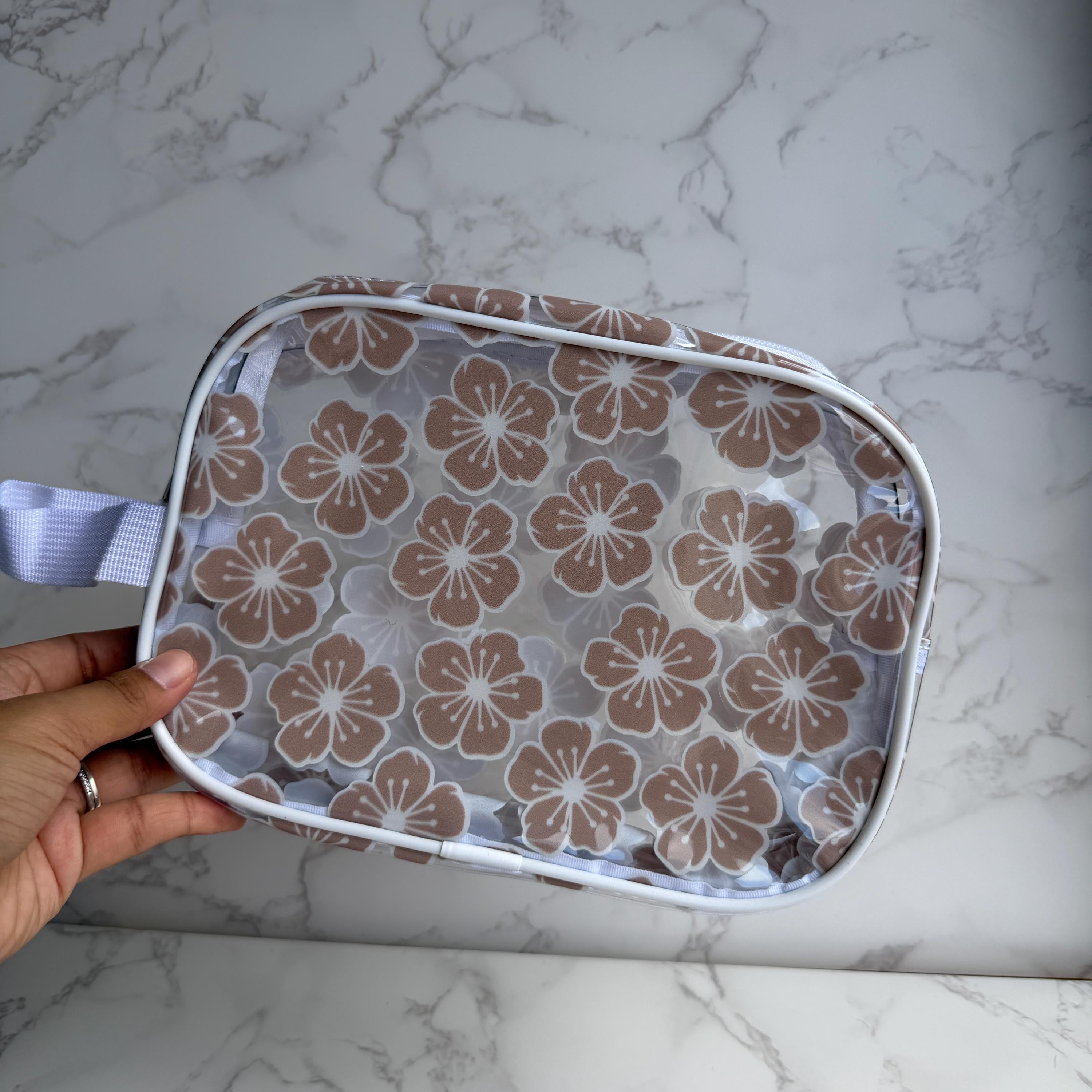 Brown Cherry Blossom White Small Clear Pouch Bag with Small Carry Strap | Shop Haven Mae Exclusive Item