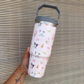 Matcha x Kawaii Friends Pink Sippin Pretty Collab 30oz Print Insulated Flask Tumbler with Carry Holder & Inside Straw