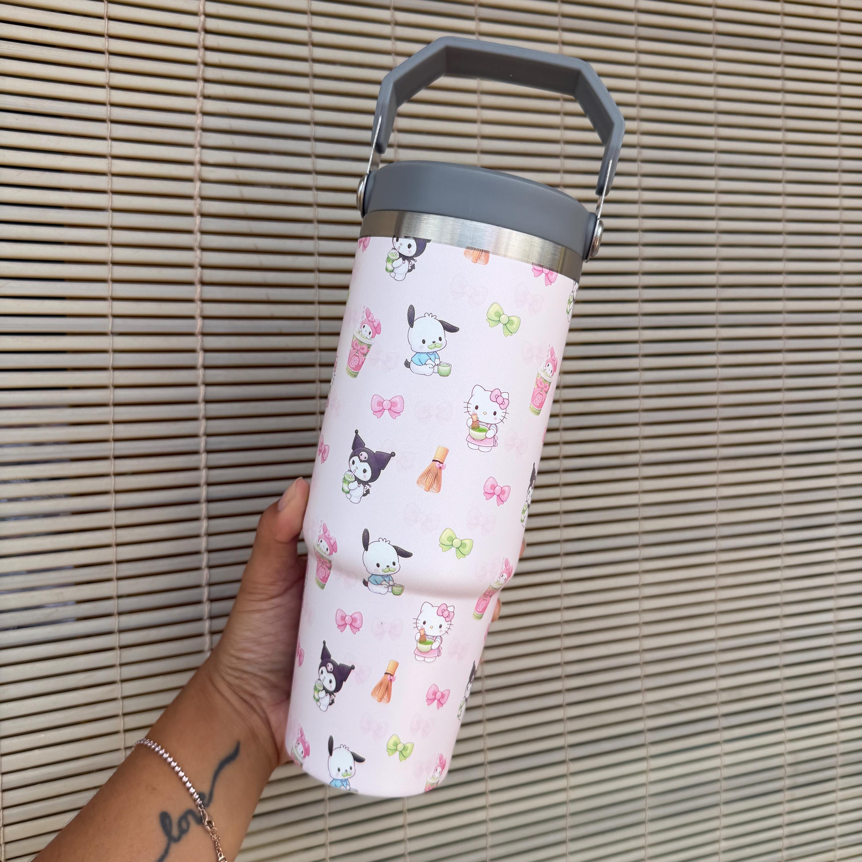 Matcha x Kawaii Friends Pink Sippin Pretty Collab 30oz Print Insulated Flask Tumbler with Carry Holder & Inside Straw
