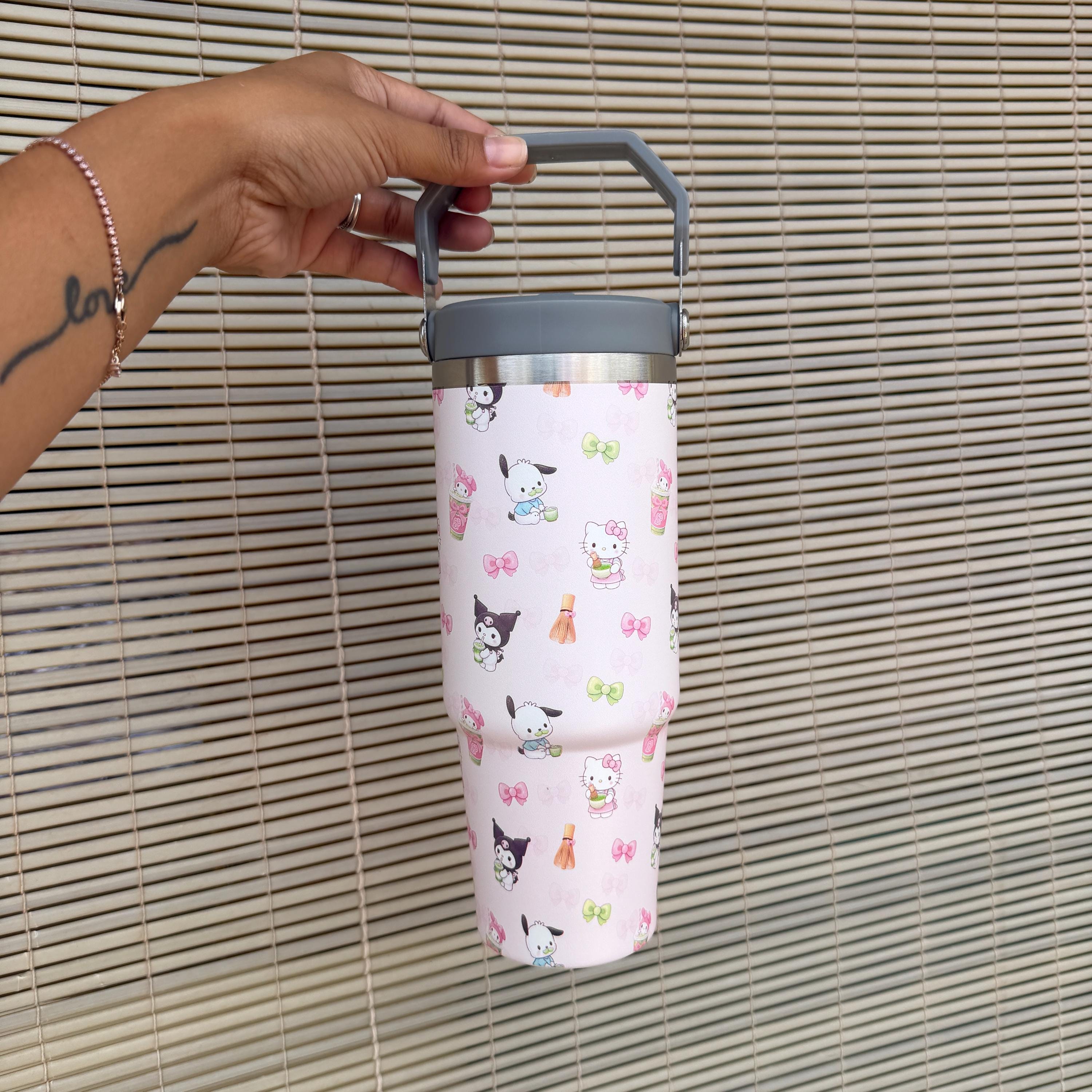Matcha x Kawaii Friends Pink Sippin Pretty Collab 30oz Print Insulated Flask Tumbler with Carry Holder & Inside Straw