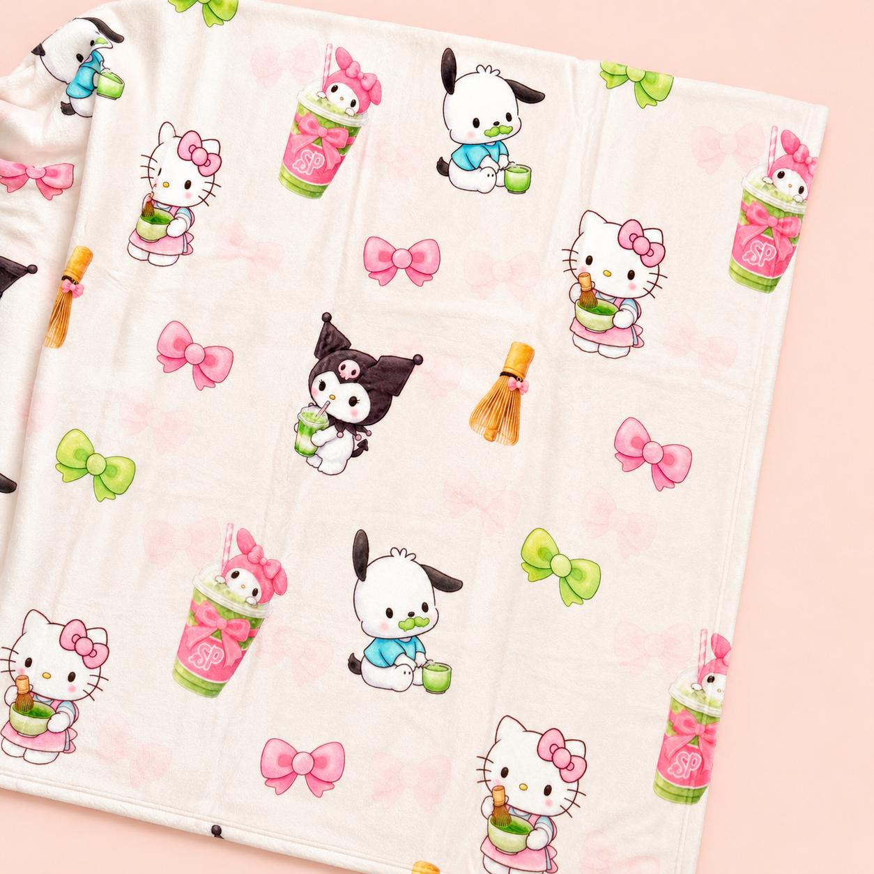 Matcha x Kawaii Friends Sippin Pretty Collab Print Blanket 60"x80" Blanket By Shop Haven Mae