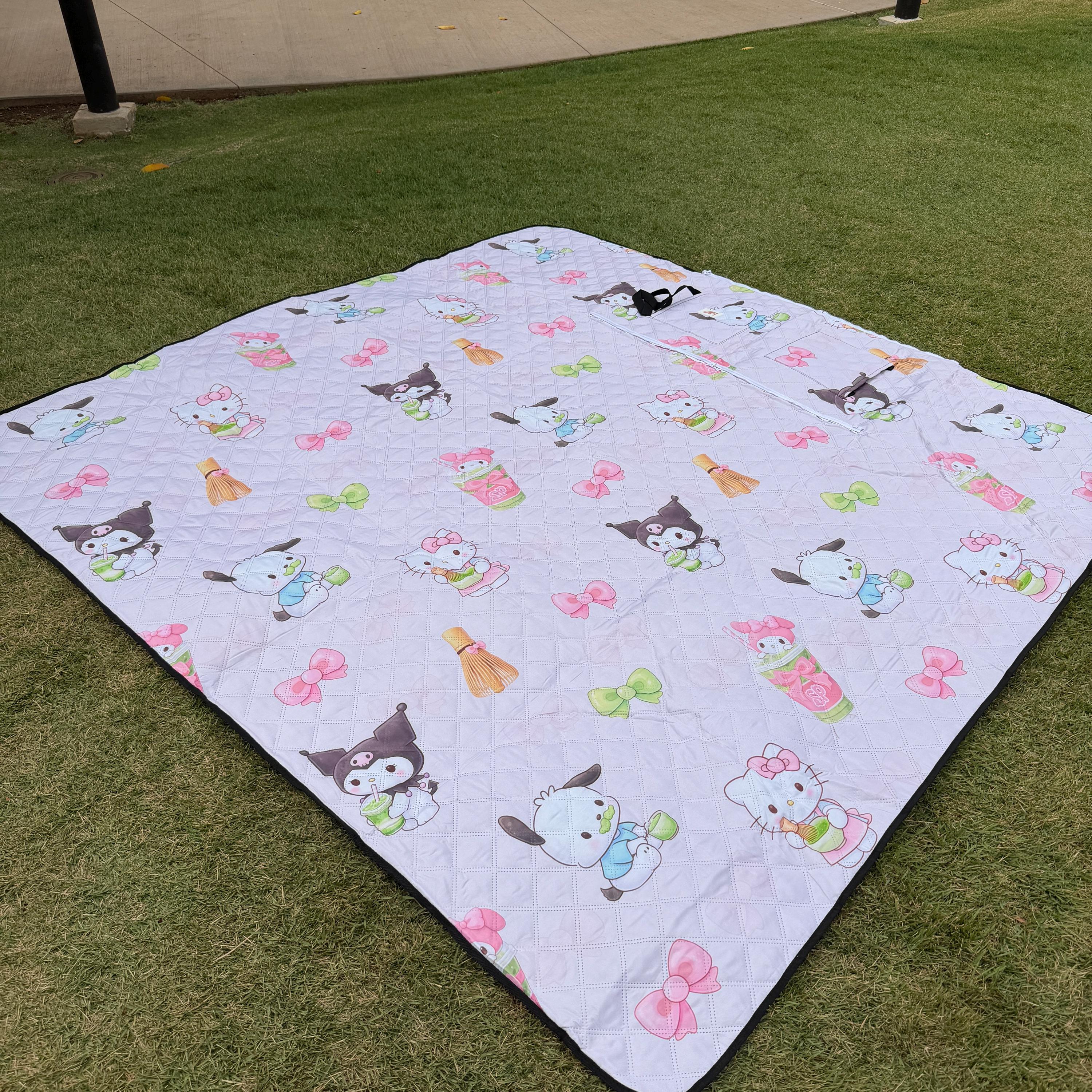Matcha x Kawaii Friends Sippin Pretty Collab Print Picnic Mat Blanket  with Carrying Straps By Shop Haven Mae