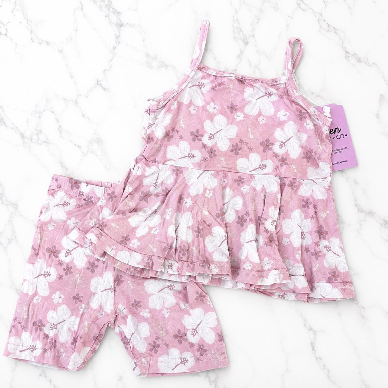 Mandini Made x Mini Market Collective Pink Pua Daydream Print 2 Piece Set Tanktop + Biker Shorts Bamboo Baby Girl Clothes Shop Haven Mae